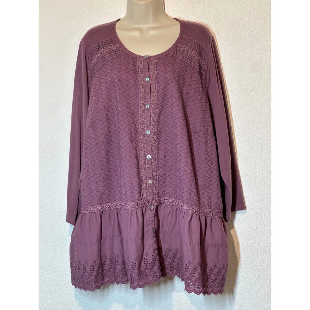 LOGO by Lori Goldstein Lavish Purple Eyelet Lace Ruffle Tunic Top 3X
